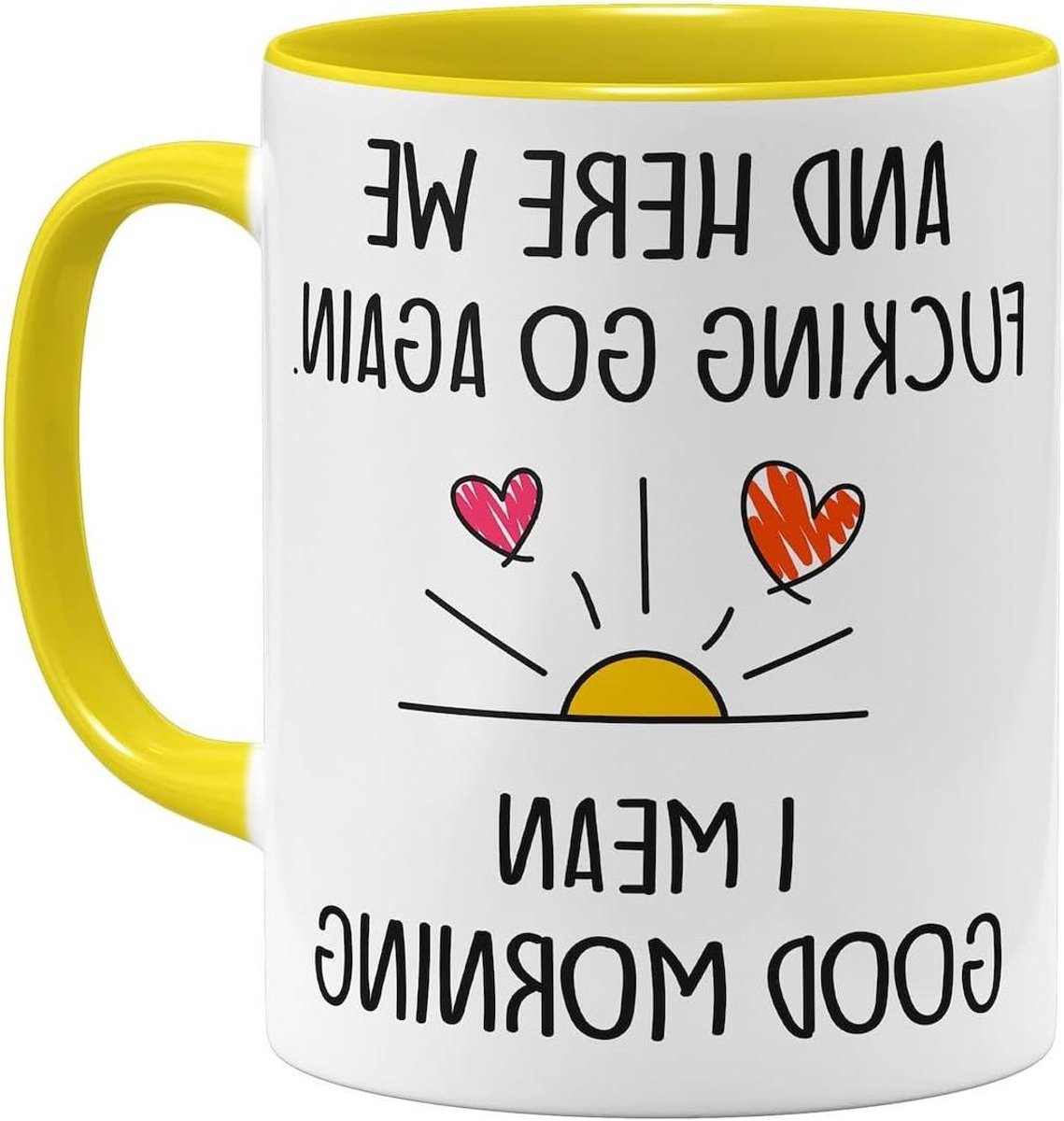 Koffiemok Met Tekst - Grappige Mok - Ochtend Ritueel - Dubbelzijdig Bedrukt - 325 ml - Geel