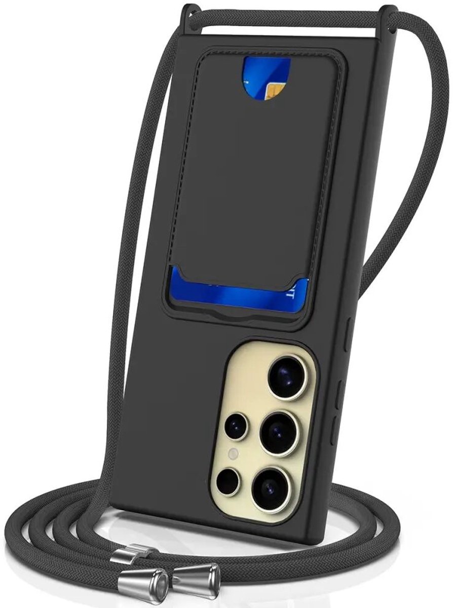 Hoesje met Koord en Pasjeshouder Geschikt voor Samsung Galaxy S23 Ultra | Back Cover met Crossbody Koord en Kaarthouder | Ideaal voor Festival/Vakantie | Siliconen | Zwart