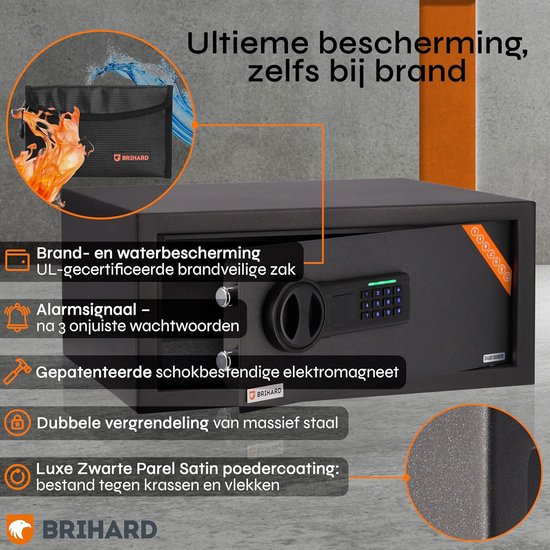Zwarte kluis met openstaande deur, digitaal slot, geld en water dat eruit spat. Een waterdichte etui met vuurprint ligt ervoor. Tekst 'Ultieme bescherming, zelfs bij brand'.