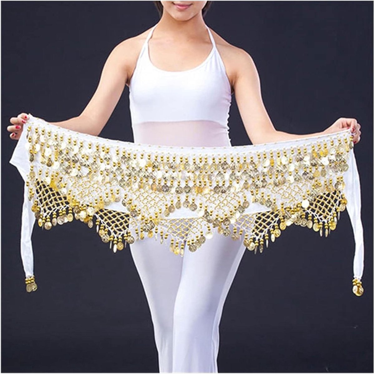 Heupsjaal Riem - Dansketting Taille - Buikdans Optreden - Lichtgewicht Ademend - 150 cm Lengte - Zwart Goud