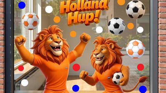 Twee leeuwen in oranje shirts met de tekst 'Holland Hup!', voetballen en stippen.