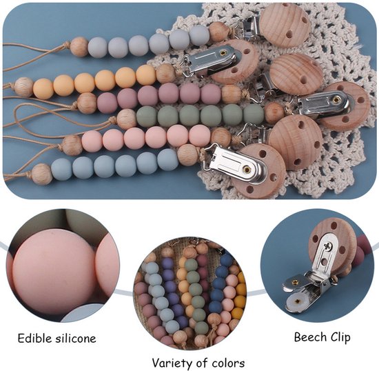 2 Stuks Speenkoord – speenketting - Baby Accessoires - siliconen kralen - Kinderwagen - Kleding - Veilig - Duurzaam – Handig - Hout (look) - LOUZIR — afbeelding 5