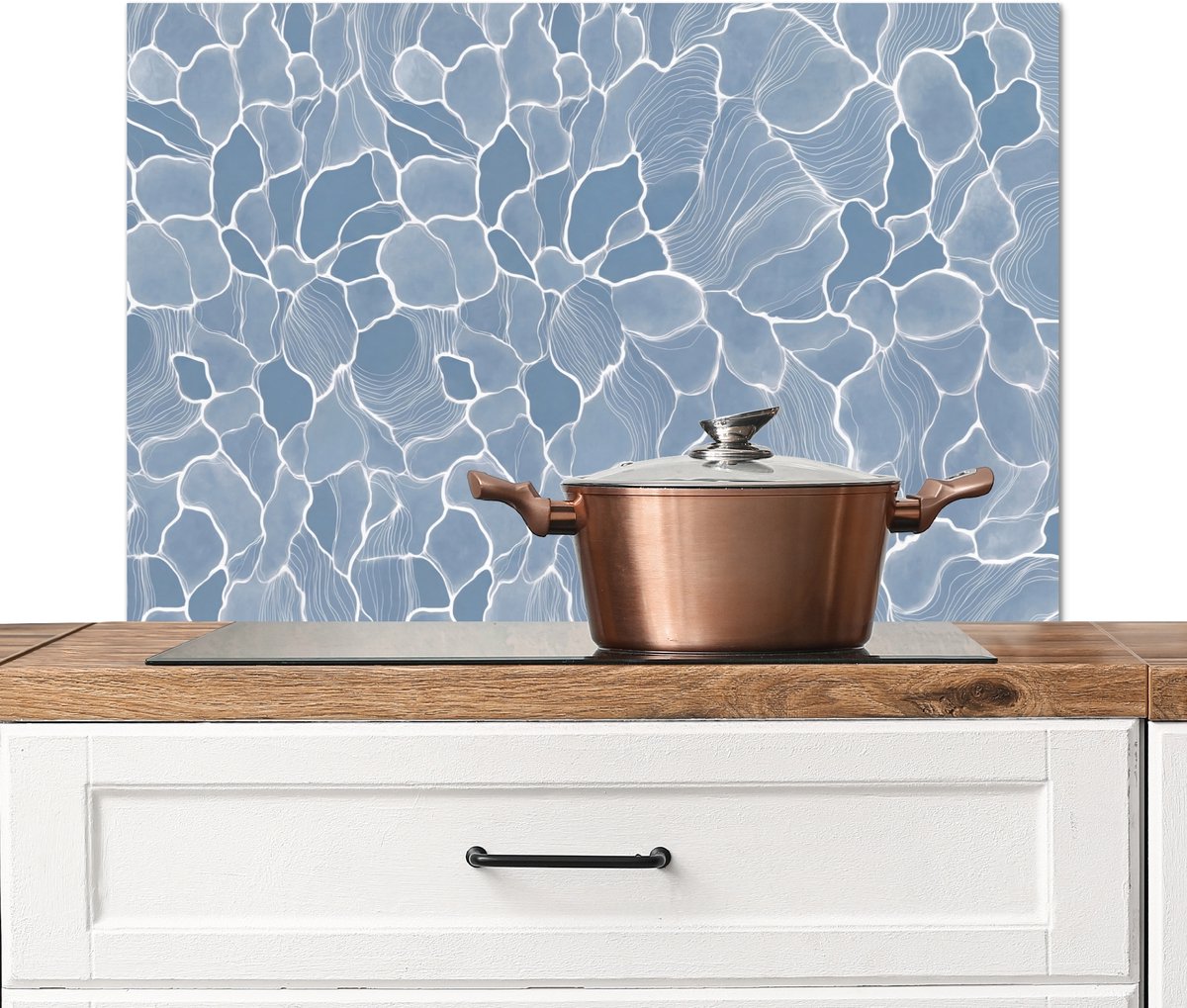 KitchenYeah Spatscherm keuken 80x55 cm Kookplaat achterwand Abstract Blauw Bladeren Muurbeschermer Spatwand fornuis Hoogwaardig aluminium