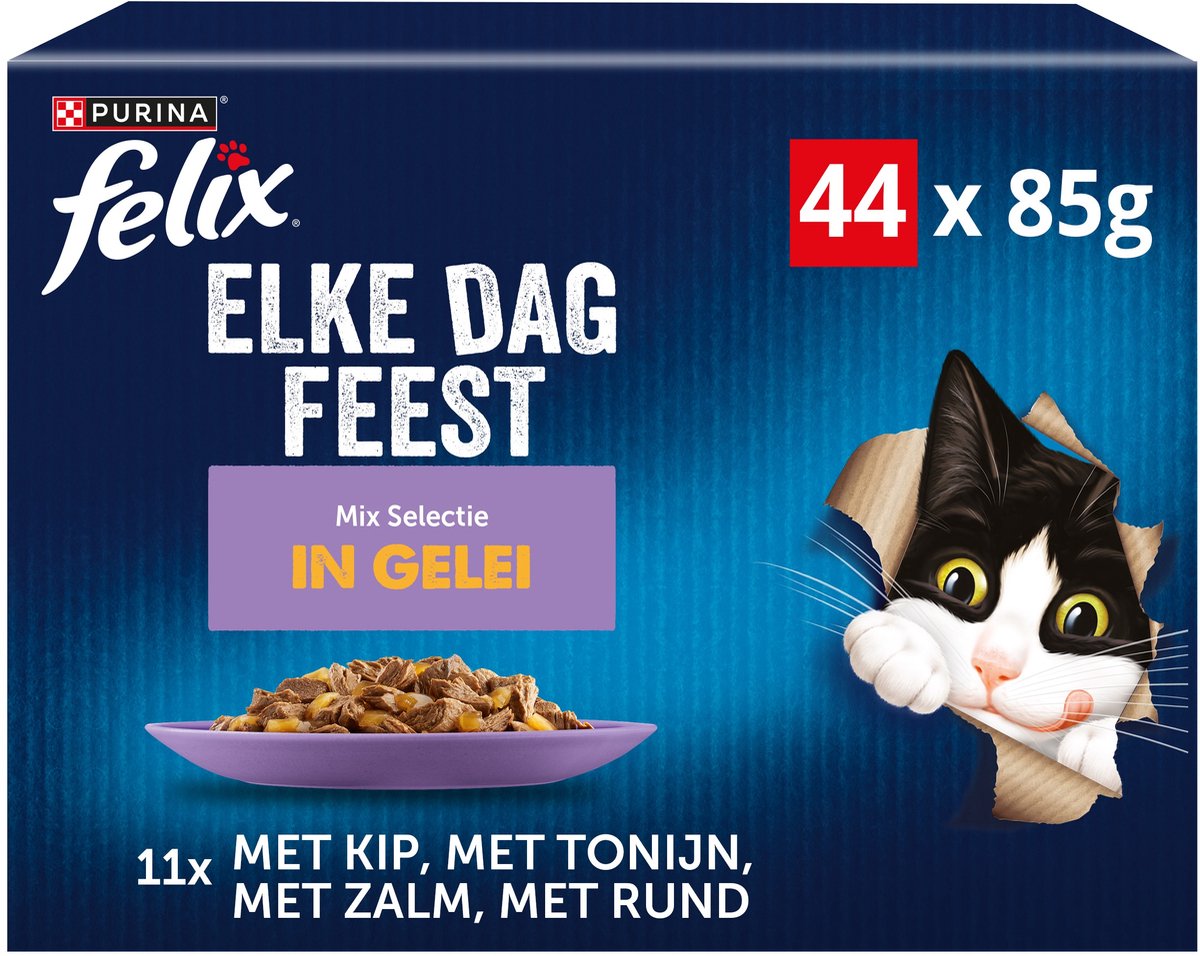 Bol.com Felix Elke Dag Feest in Gelei Mix Selectie - Kattenvoer Natvoer - Tonijn Zalm Rund & Kip - 44 x 85 g aanbieding