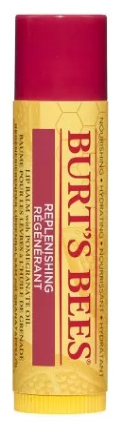 Burt's Bees 'Replenishing' lippenbalsem met granaatappelolie. Gele verpakking met rode band.