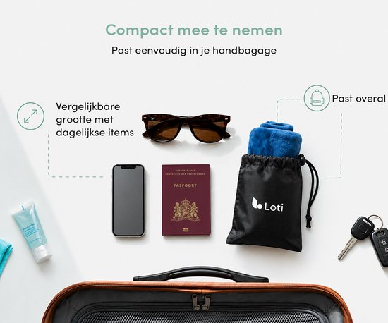 Compacte Loti reisset naast paspoort, telefoon, zonnebril en sleutels.