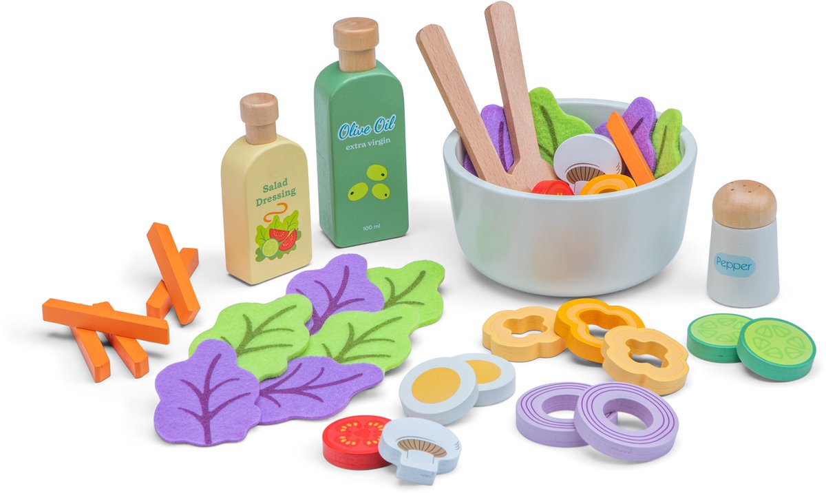 Woet® Houten Salade Set - "Maak Je Eigen Salade" Speelset met 30+ Accessoires - Rollenspel Speelgoedeten - Educatief Keukenspeelgoed - Vanaf 3 Jaar — afbeelding 3