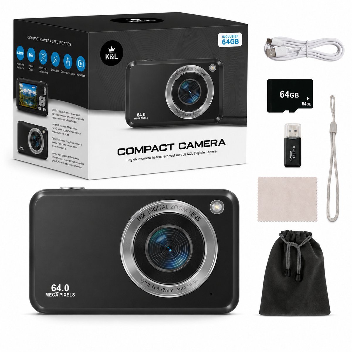 K&L Digitale Camera - Full HD & 64MP - 64GB - Fotocamera - Inc. Selfiecamera - Vlog Camera voor Kinderen - Compact Camera - Foto & Video - Dual Lens - 16x Zoom