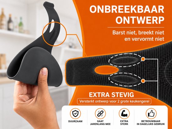 Donkergrijze lepelhouder van stevig, onbreekbaar siliconen met een versterkt ontwerp voor keukengerei.