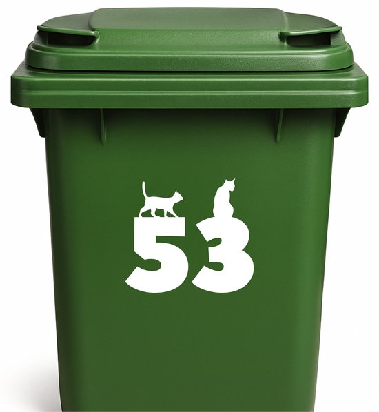 Groene kliko met witte sticker "53" en kattenfiguren.