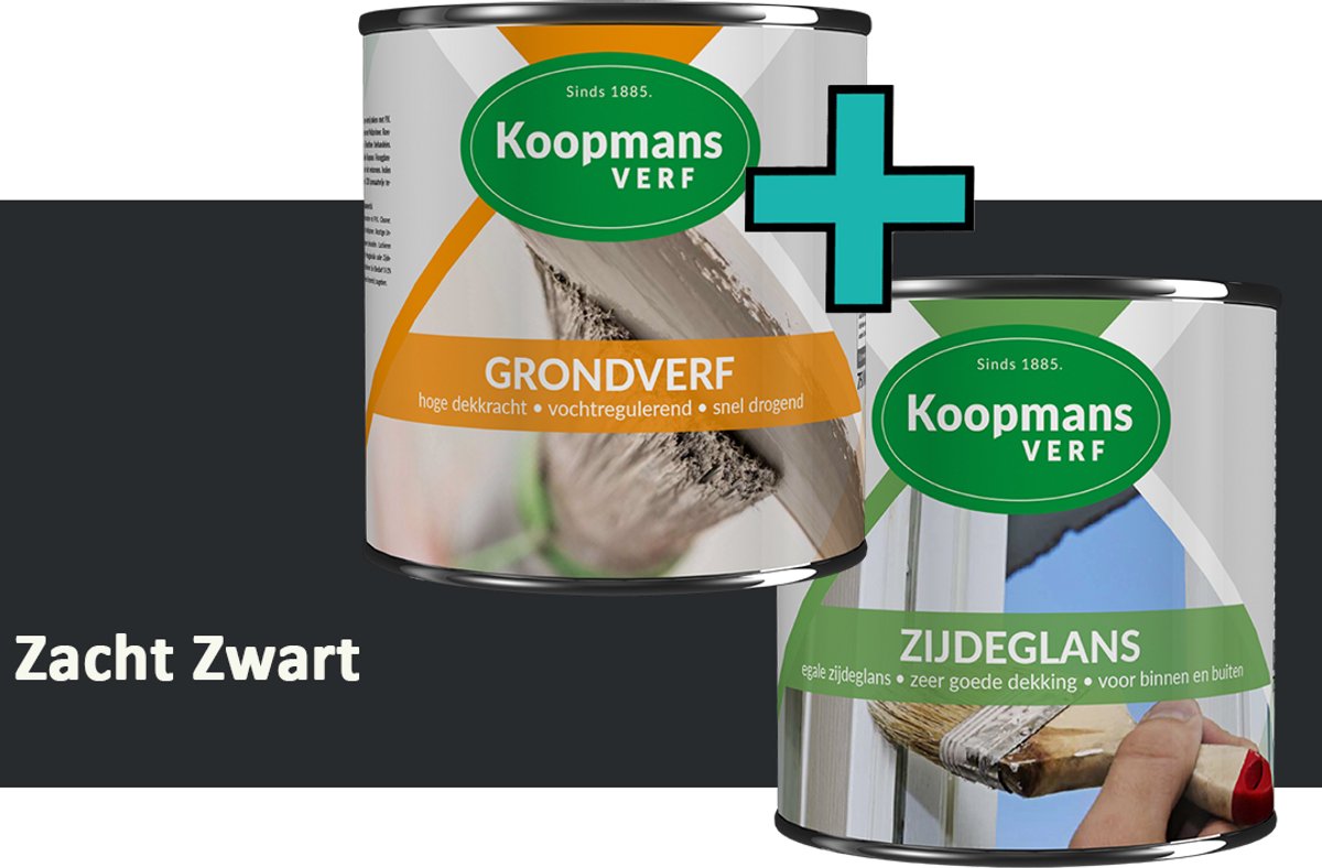 Koopmans Grondverf en Zijdeglans Lakverf - set geschikt voor hout en metaal – Zacht Zwart – 2x – 1,5 l