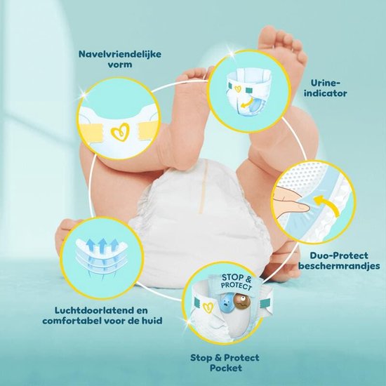 Babybenen met luier. Details van de luier: navelvriendelijke vorm, urine-indicator, duo-protect randjes, luchtdoorlatend en comfortabel.