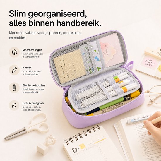 Gedetailleerd beeld van een paars etui, open en vol met pennen, notities en schrijfwaren.