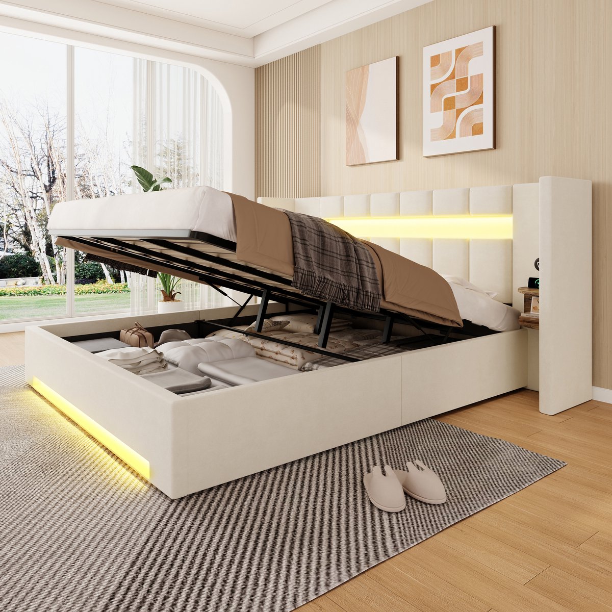 MIVRAY Gestoffeerd Bed 180x200 cm - Zonder Matras met USB, Led en Opbergkasten - Hydraulische Opbergruimte voor Slaapkamer - Fluweel - Beige