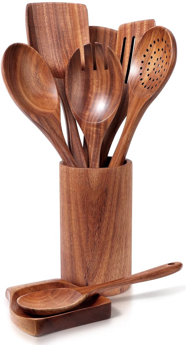 Acacia Hout - 9-delig Kookgerei Set - Inclusief Keukenhelpers en Opbergrek - Krasvrij voor Anti-aanbak Pannen - Handgemaakt en Duurzaam