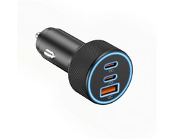 3-in-1 Aluminium Autolader met 2x PD 30W + QC3.0 Supersnel Opladen, Drie Poorten Sigarettenaansteker Lader met Blauwe Sfeerverlichting voor Auto, Geschikt voor iPhone, Samsung, Xiaomi en alle Smartphones