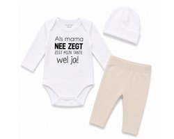 Baby cadeau geboorte unisex jongen of meisje Setje 3-delig newborn | maat 62-68 | grijs mutsje en broekje en romper lange mouw wit met zwarte tekst als mama nee zegt zegt mijn tante wel ja | pakje | Kraamcadeau