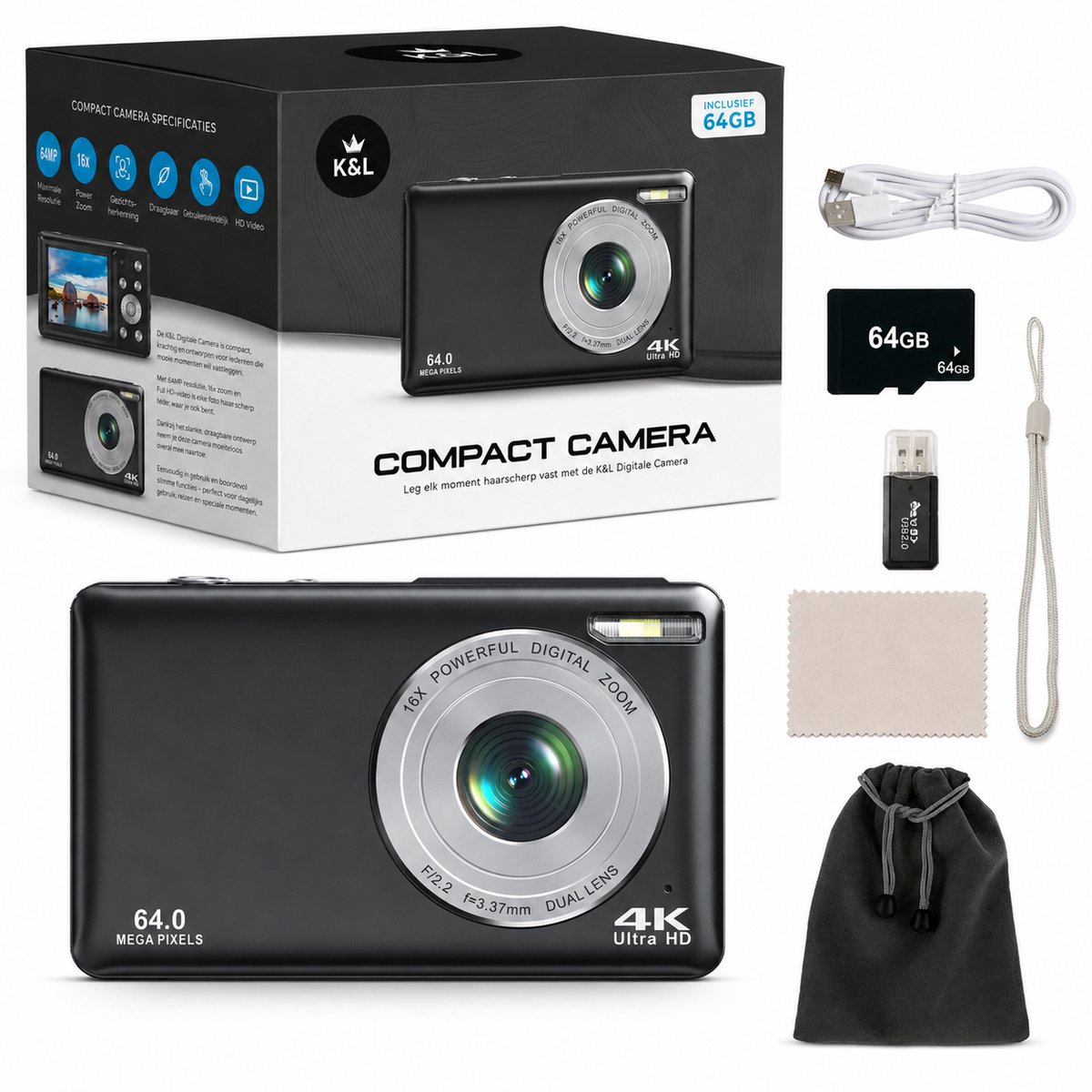 K&L Digitale Camera - 4K Ultra HD & 64MP - 64GB - Fotocamera - Inc. Selfiecamera - Vlog Camera voor Kinderen - Compact Camera - Foto & Video - Dual Lens - 16x Zoom