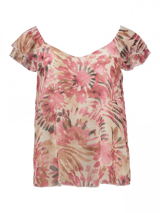 Chemise avec imprimé aquarelle rose, brun et vert, volants aux manches et encolure en V.
