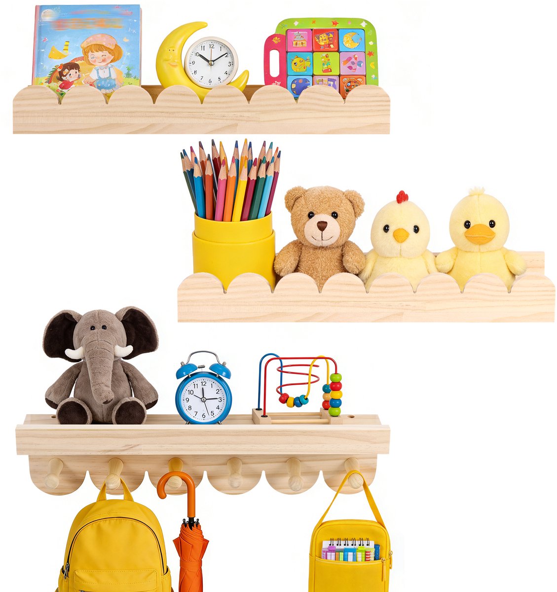 Lemlit Wandplank Kinderkamer 3-Delige Set - 40 cm - Massief Houten Wandrek met 6 Haken - Boekenplank voor Boeken Speelgoed en Decoratie - Naturel