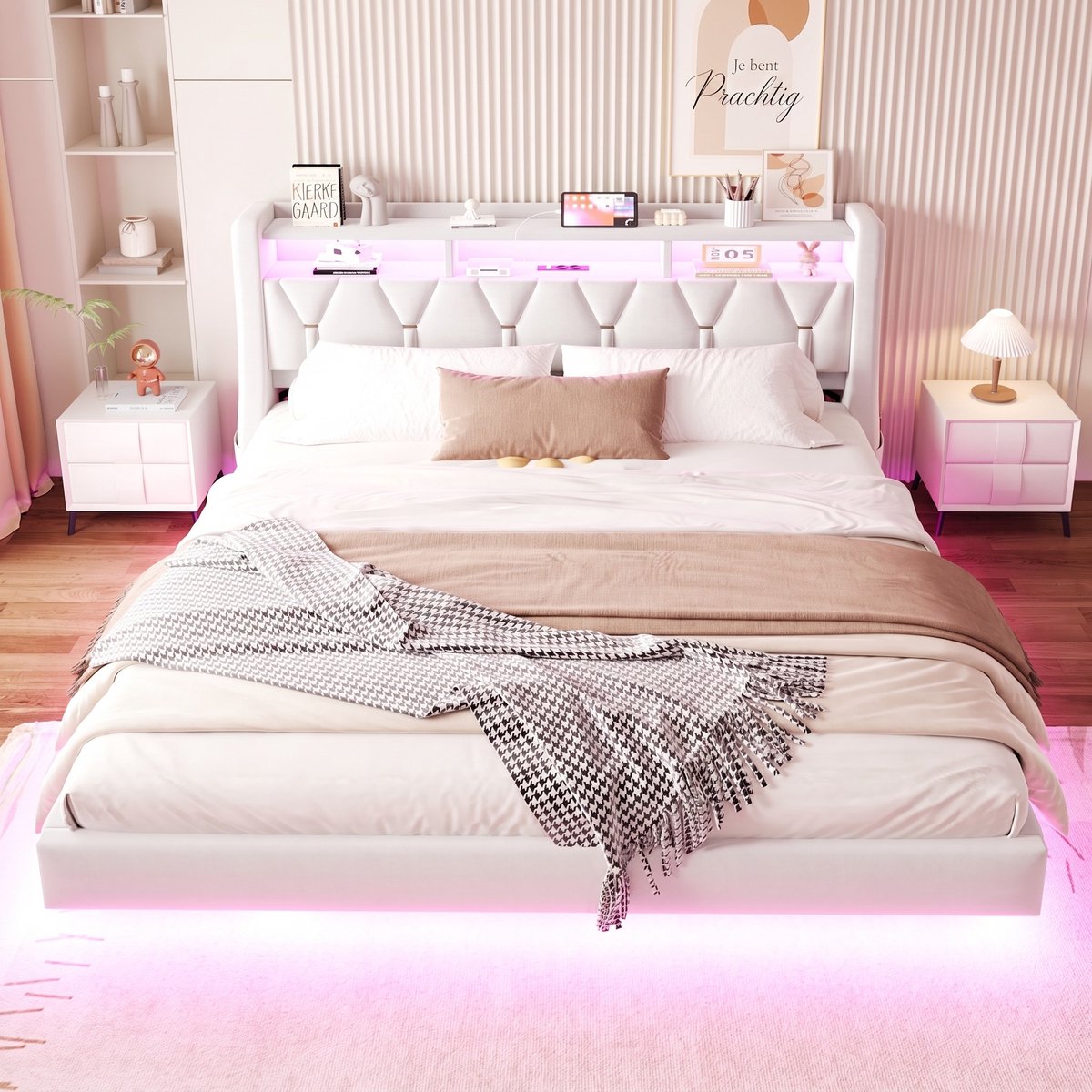 VVBV Tweepersoonsbed 180x200 / Gestoffeerd bed – met Opbergruimte, LED-Verlichting, USB, USB-C, Stopcontact – Hoofdbord – Fluweel – Beige