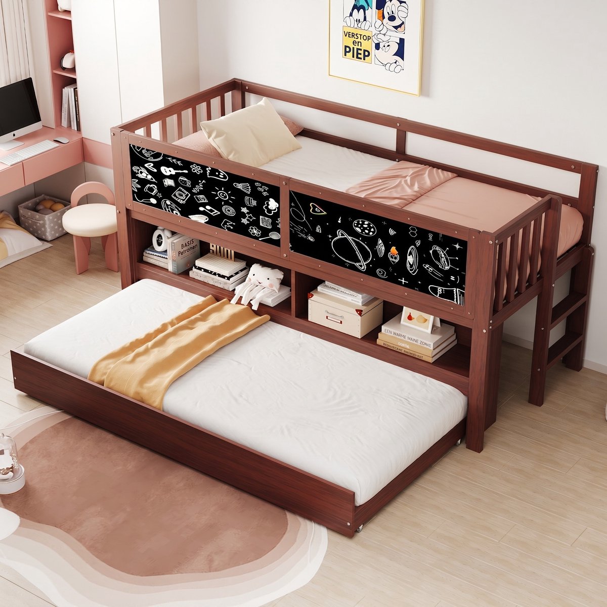VVBV Stapelbed 90x200 – Kinderstapelbed met Uitschuifbed en Opbergruimte – Massief Hout – Zonder Matras – Bruin – Voor Kinderen en Tieners Brown