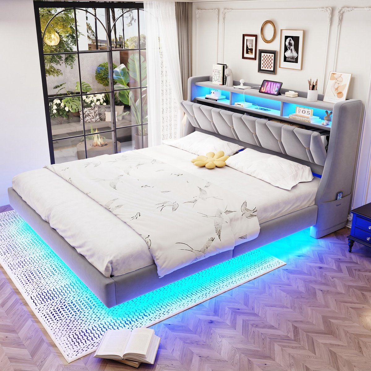 VVBV Tweepersoonsbed 180x200 / Gestoffeerd bed – met Opbergruimte, LED-Verlichting, USB, USB-C, Stopcontact – Hoofdbord – Fluweel – Lichtgrijs Light Gray