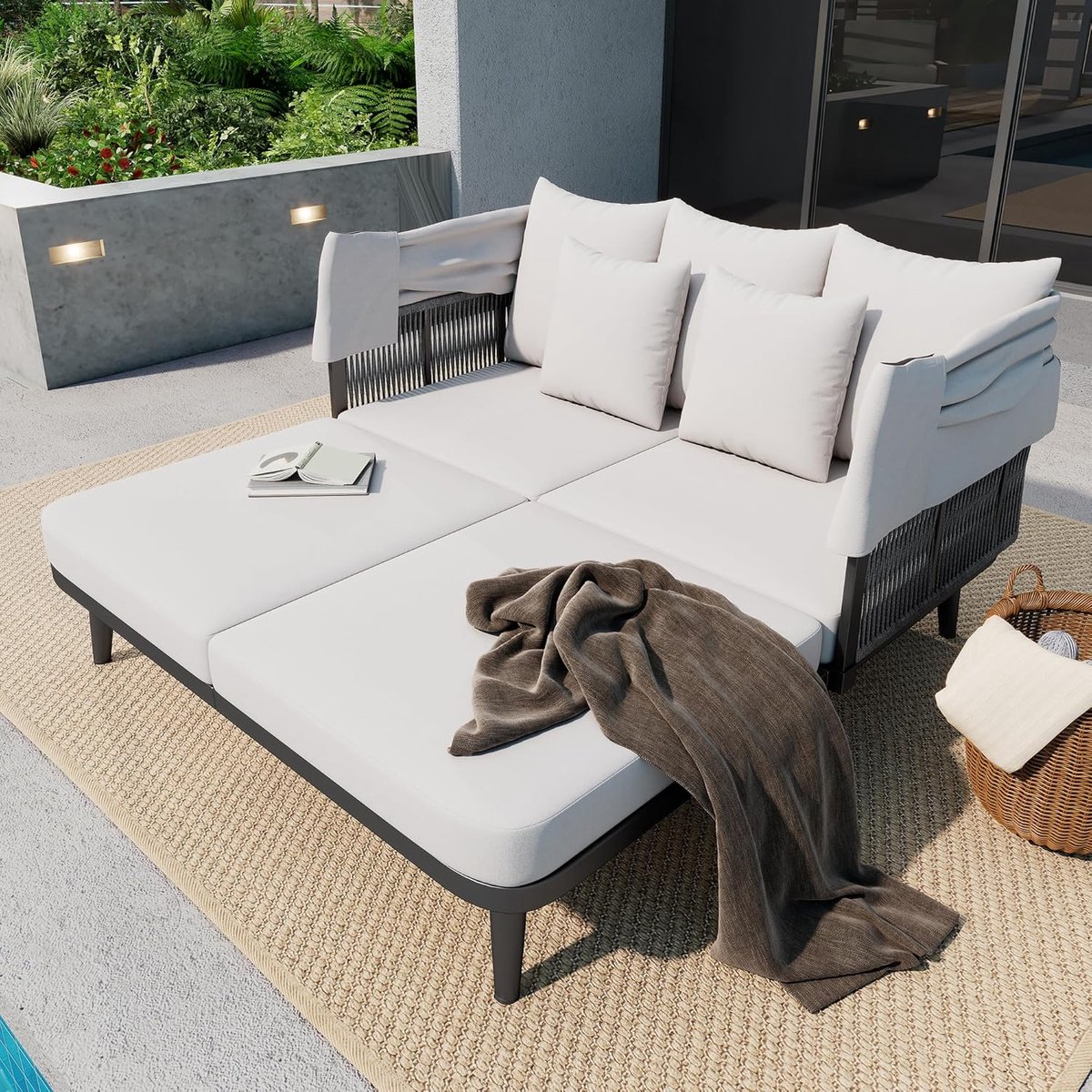 Tuinbank met Intrekbare Luifel 151x146x145 cm voor 2 Personen – Loungesofa met 10 cm Dik Kussen, Handgeweven Touw, Verzinkt Stalen Frame, Weerbestendig Tuinmeubel voor Balkon, Terras en Tuin Grijs – Mobili Bella