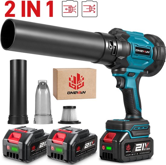 De blauw-zwarte ONEVAN 2-in-1 bladblazer/stofzuiger met 2x 21V batterijen en accessoires, klaar voor gebruik.