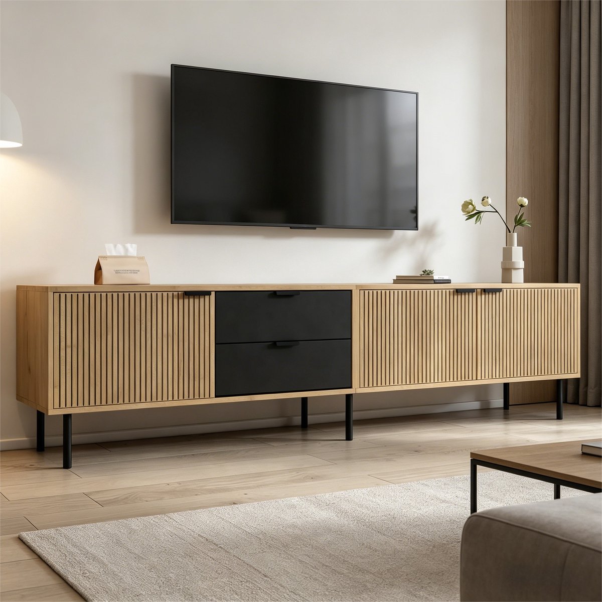 PHOEBE CAT TV-meubel - Spaanplaat - 2 lades - Geschikt voor een tv van 85 inch - Zwart + N
