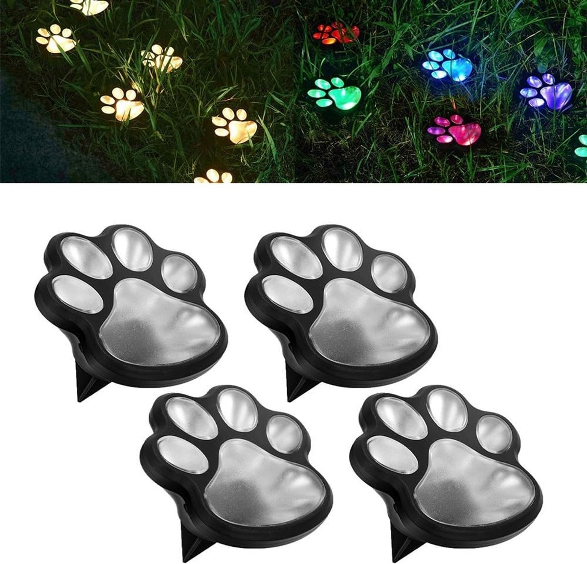 ZVD Zonne-pootafdrukverlichting – Op dieren geïnspireerde solarlampen – Decoratieve buitenverlichting – Tuinverlichting – Verlichting voor paden en looppaden – Ideaal voor terrassen, binnenplaatsen, tuinpaden en gazons – 4-pack – Meerkleurig