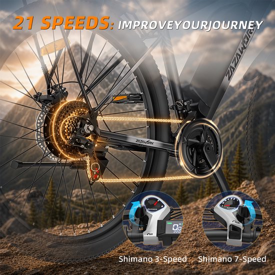 ZAZAWORK CF29 29" Elektrische Fiets 250W 48V 15Ah - 21 Versnellingen - 80-100 km Actieradius - Shimano - LED Display - Stads- & Mountainbike -Zwart-Grijs — afbeelding 4