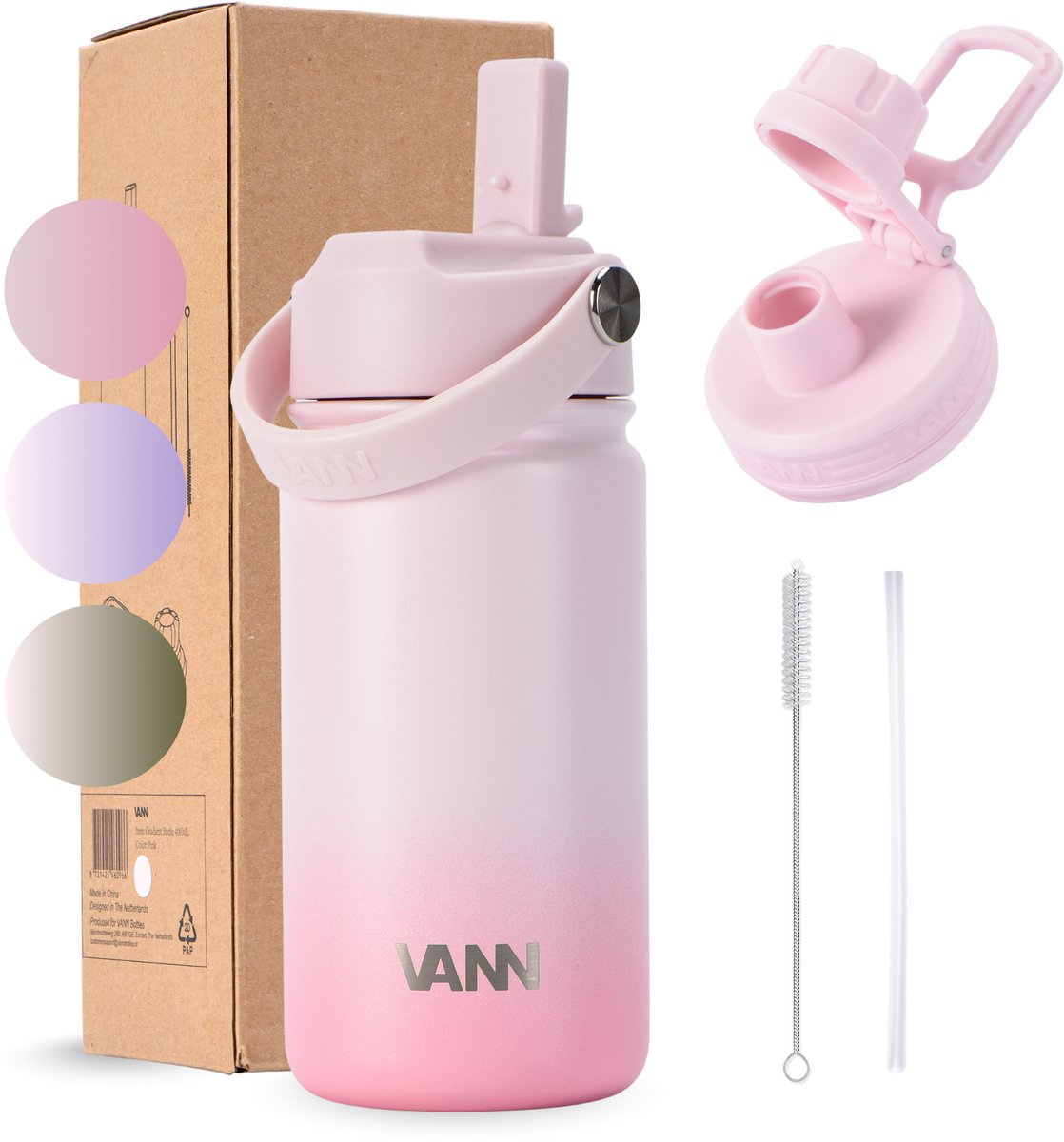 VANN® RVS Drinkfles 400 ML met rietje voor volwassenen en kinderen – 3-Wandig – Met 2 doppen – Thermosfles – 12 uur warm/24 uur koud – VANN Gradient Bottle