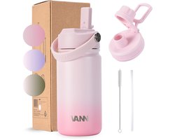 VANN® RVS Drinkfles 400 ML met rietje voor volwassenen en kinderen – 3-Wandig – Met 2 doppen – Thermosfles – 12 uur warm/24 uur koud – VANN Gradient Bottle