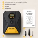 Zwarte en gele Five Stars luchtcompressor met gebruikershandleiding en accessoires zoals opzetstukken.