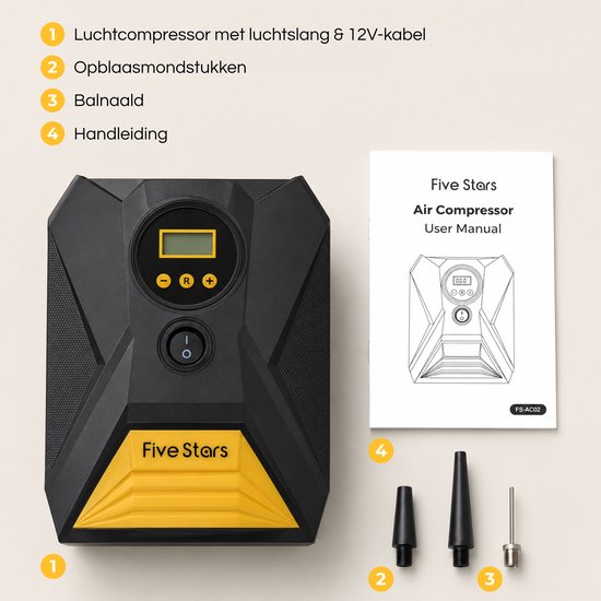 Zwarte en gele Five Stars luchtcompressor met gebruikershandleiding en accessoires zoals opzetstukken.