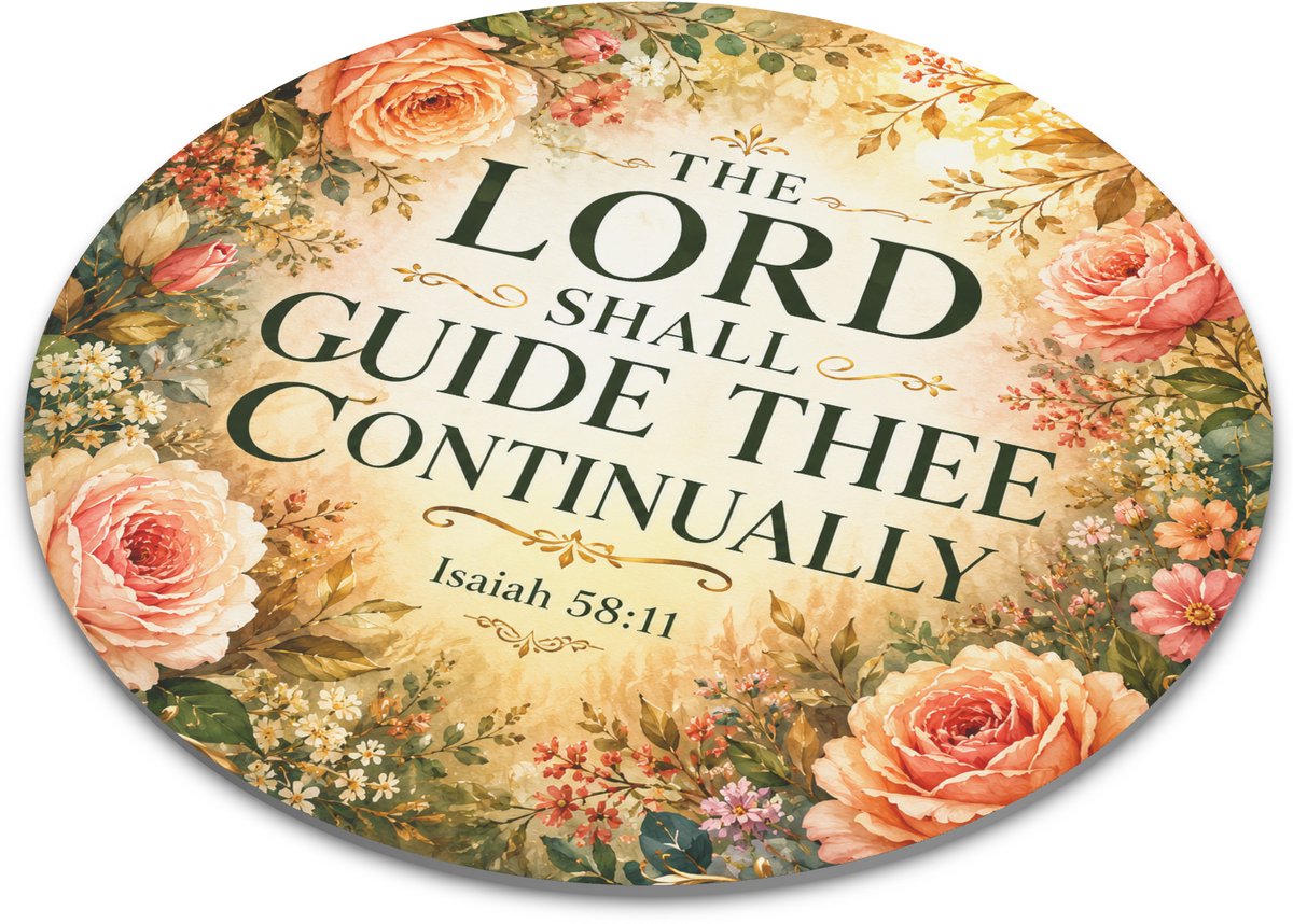 Ronde muismat met christelijke bijbeltekst Isaiah 58:11 – warme rozen aquarel met groene bladeren, sierlijke ornamenten en quote The Lord Shall Guide Thee