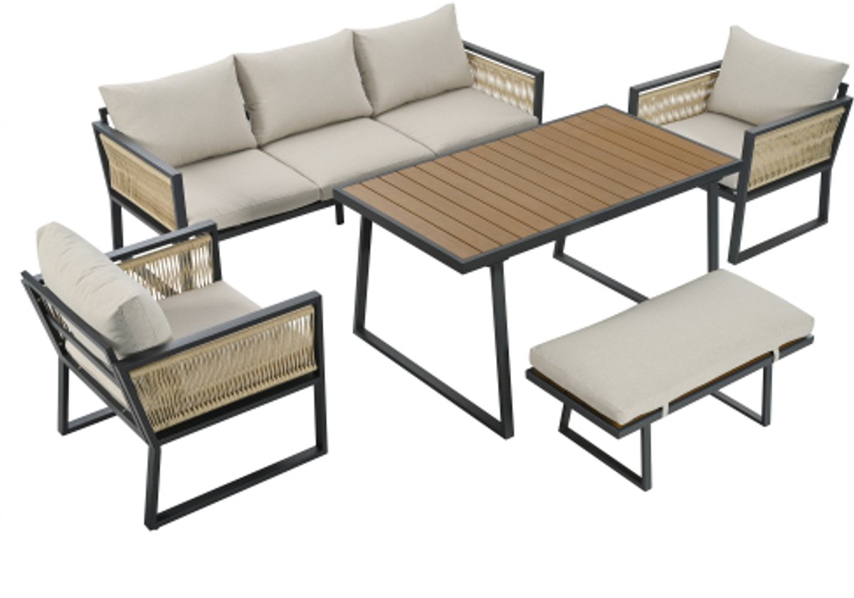 Luxe tuinset 5-delig – ruime 3-zits bank, 2 comfortabele fauteuils, poef en eettafel – tafelblad van kunststofhout, mooie gevlochten armleuningen – frame van verzinkt staal – beige