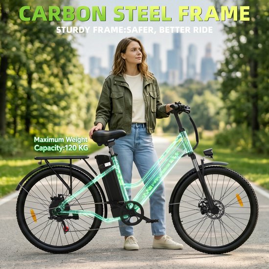 WITAMBIKE C26 Elektrische fiets - 26 inches - Max 25km/u - 250W motor -Tot 100 km - Met Kabelslot，Telefoonhouder，Fietspomp -Wit — afbeelding 3