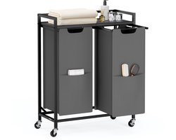 VASAGLE - Wasmand - Wassorteerder - 2 Vakken - Verrijdbare - Plank - Uitneembare Tassen - 110 L