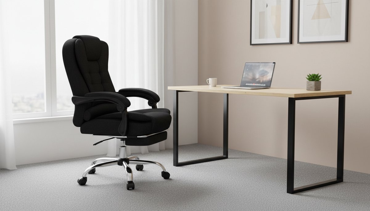 Ergonomische massage bureaustoel met voetensteun – 150° kantelbare directiestoel – in hoogte verstelbare draaistoel met lendensteun – 180 kg belastbaar – House&Garden luxe kantoorstoel linnen zwart