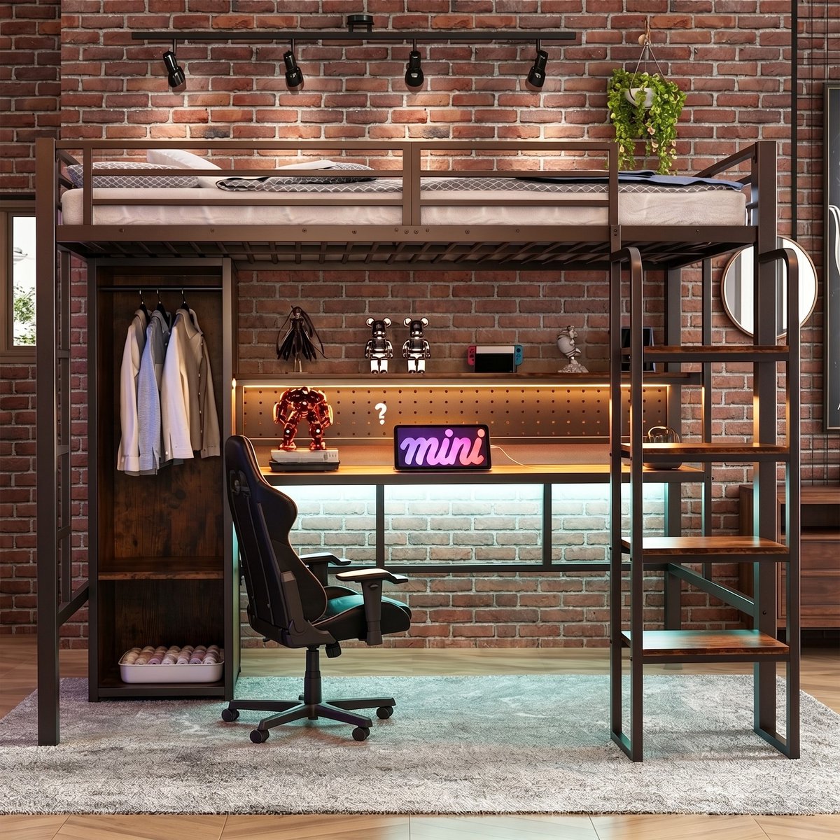 VVBV Hoogslaper 90x200 met Bureau en Kast – Trap, Opbergrekken en LED – Metalen Frame – Zwart – Hoogslaper met Kledingkast – Opbergruimte Black