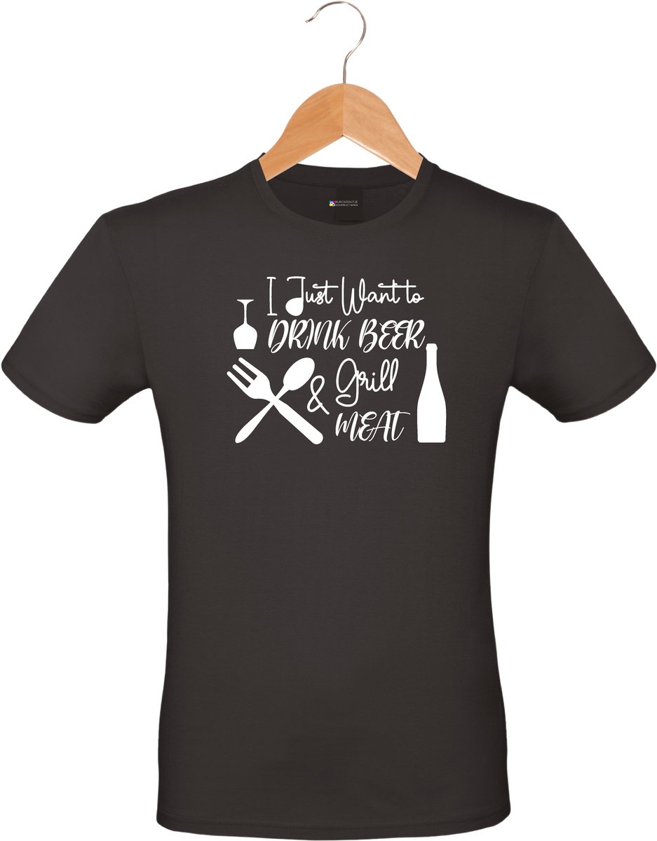 Mijncadeautje - Barbecue T-shirt - unisex - zwart - BBQ - Garden party - Tuinfeest - Vrijgezel - Verjaardag - I just want to drink beer & Grill meet - maat XL