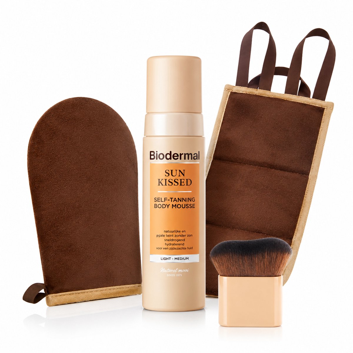 Biodermal Self Tan Set | Zelfbruinende Mousse 150 ml + Applicatiehandschoen + Rugapplicator + Kabuki Brush | Streeploos Bruinen