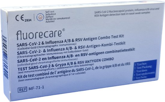 Fluorecare combo testkit met "SARS-CoV-2 & Influenza A/B & RSV Antigen Combo Test Kit" tekst.