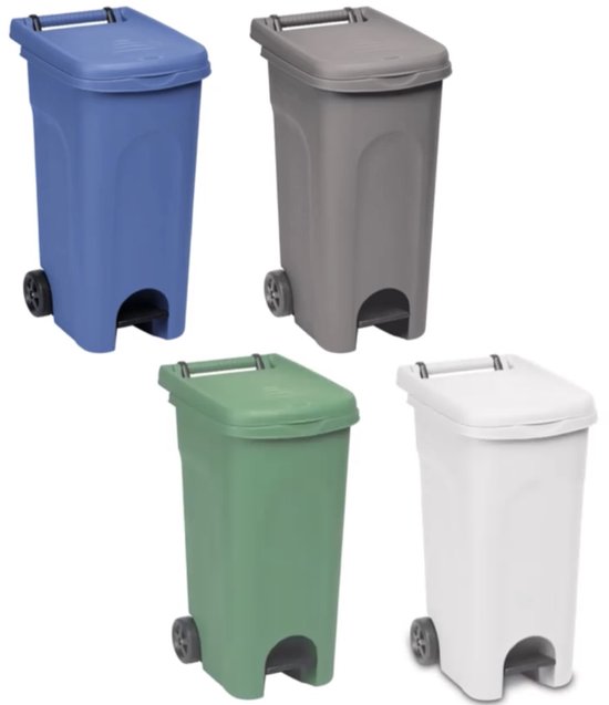 Blauwe, grijze, groene en witte vuilnisbakken met pedaal en wielen.