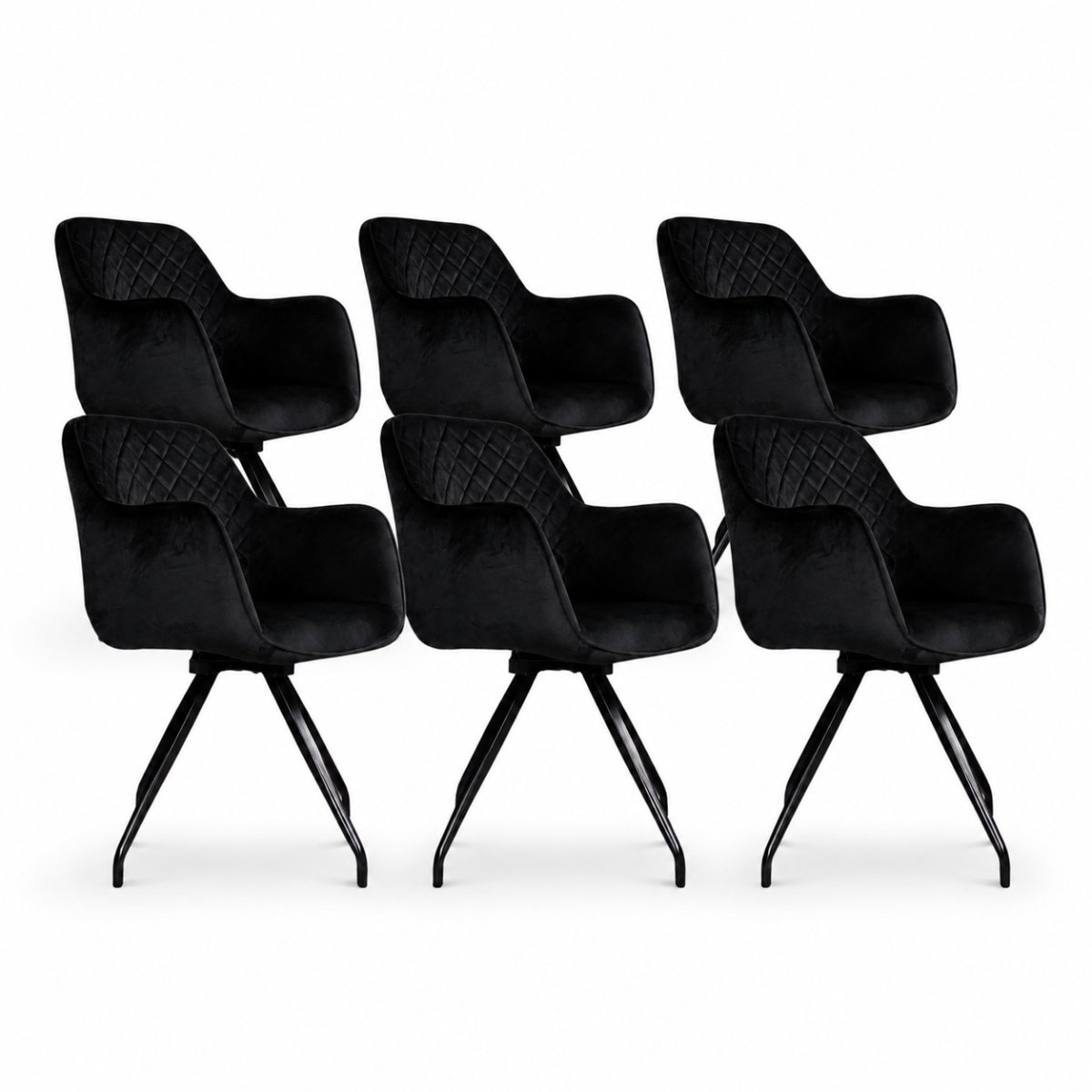 DS4U® - Romy eetkamerstoel - Set van 6 - Zwart - Velvet - Met armleuning - 360 draaibaar