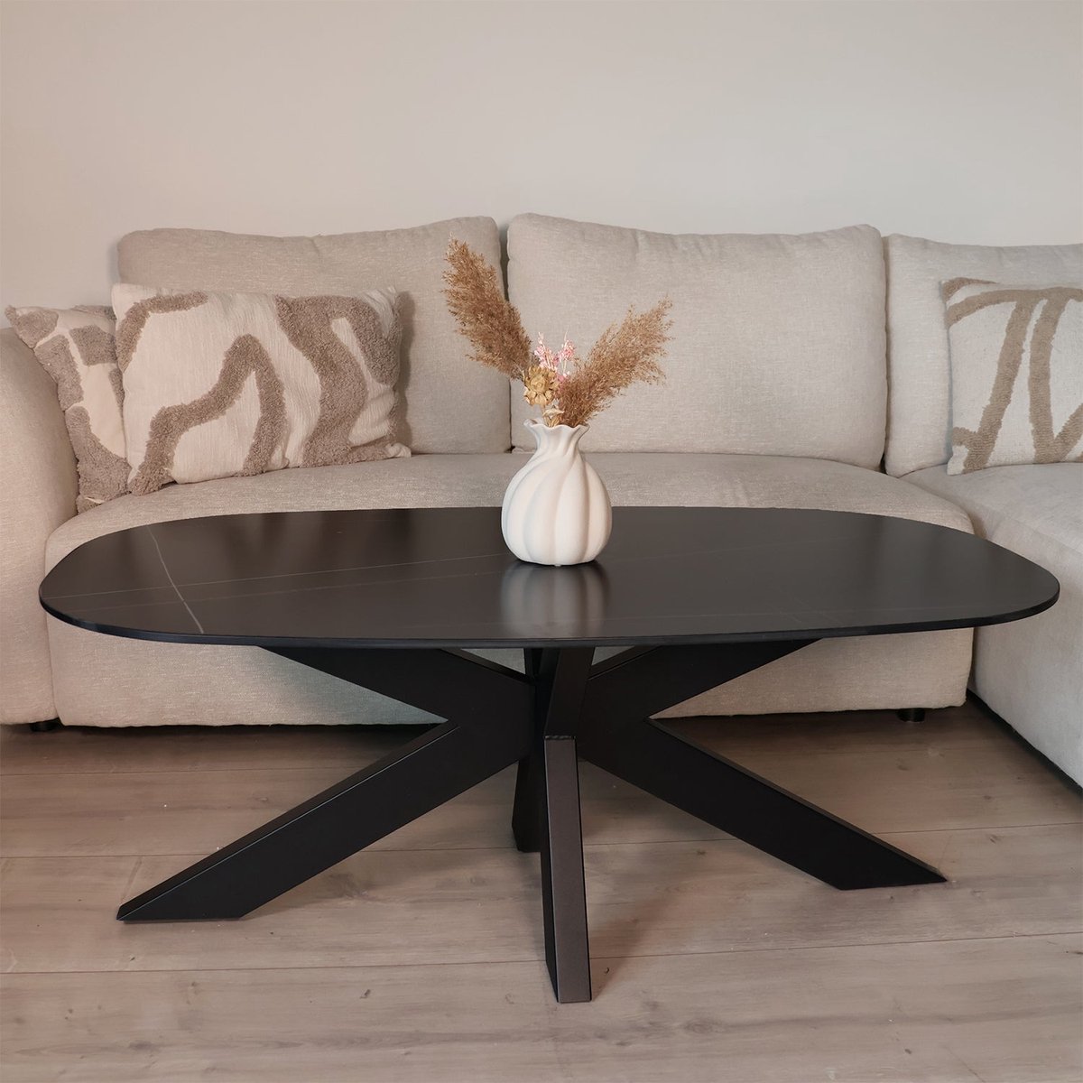 Salontafel deens ovaal marmerlook zwart steen 120cm Elif ovale bijzettafel salon
