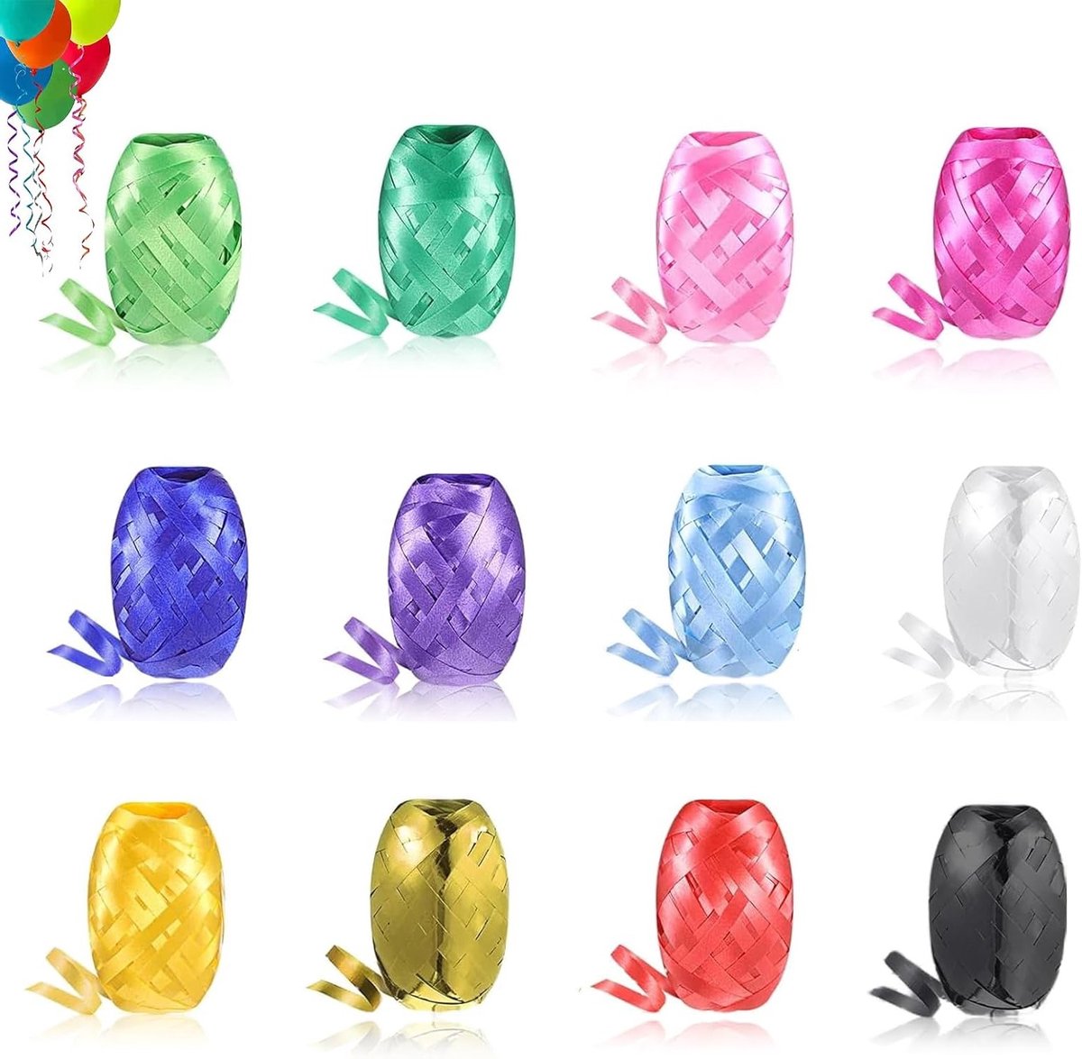 Set van 12 Kleurige Cadeaulinten Rimpelband Rollen 5 mm x 10 m voor Bruiloft Versieringen, Cadeau Inpakken en Ballon Decoraties