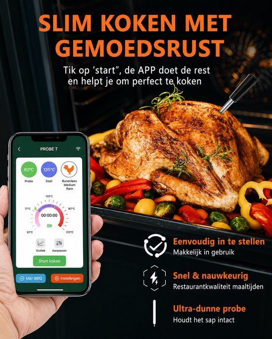 Vleesthermometer Draadloos met App - BBQ Thermometer met Bluetooth - Oventhermometer - BBQ accesoires - RVS - ZWART
